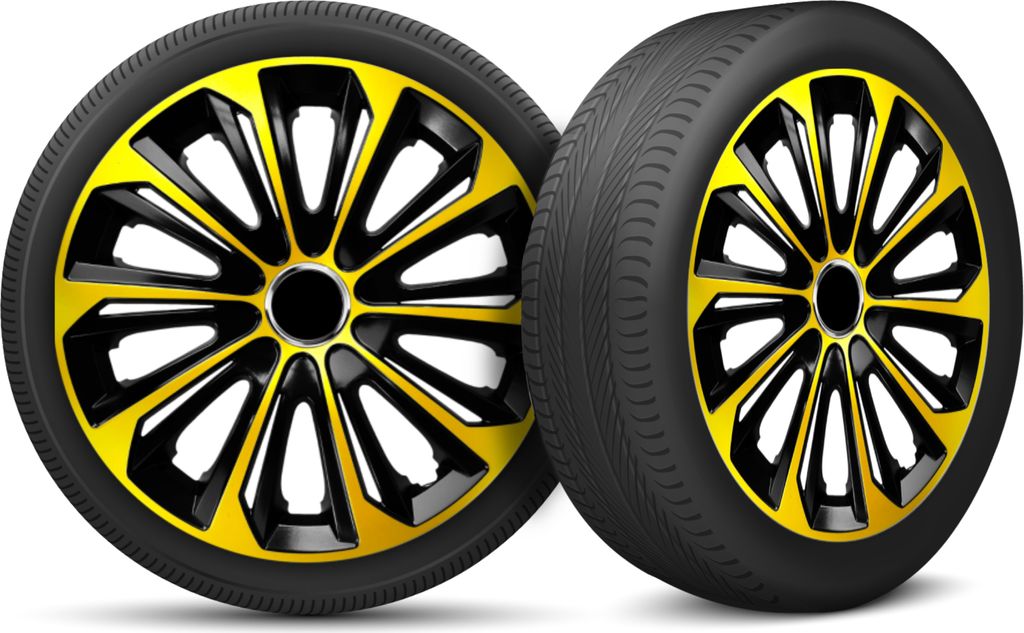 Auto Radkappen Radzierblenden 4er Set passend für alle Stahlfelgen - einstellbarer Sicherungsring - 16 Zoll - Schwarz Gold