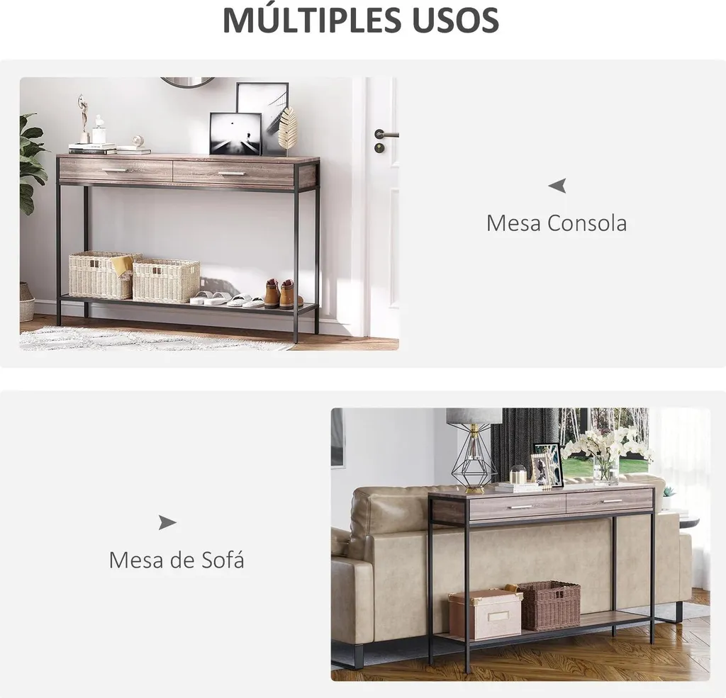 Table Console d'Entrée en Chêne avec Rangement et Étagère Basse 120cm
