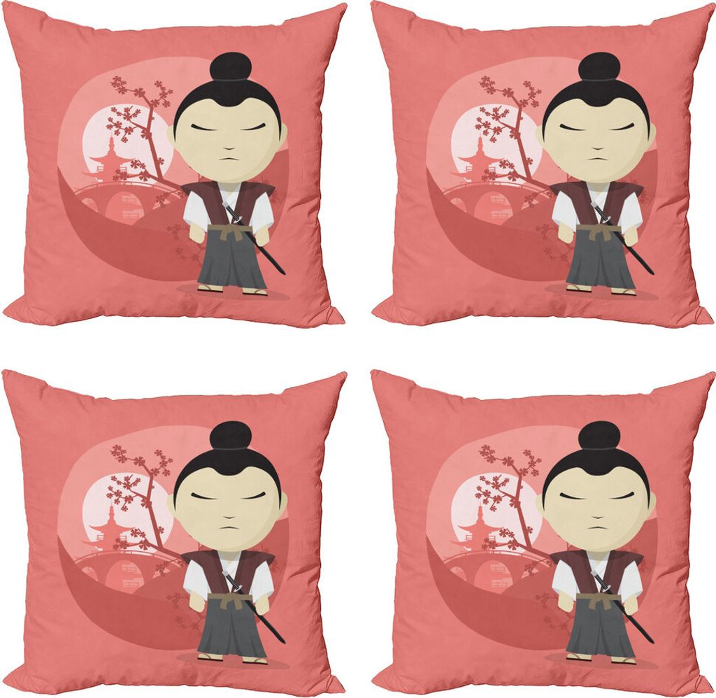ABAKUHAUS Samurai Kissenbezug Set (4 Stück), Lustige Japan-Karikatur, Moderner Doppelseitiger Digitaldruck, 45 cm x 45 cm, Mehrfarbig