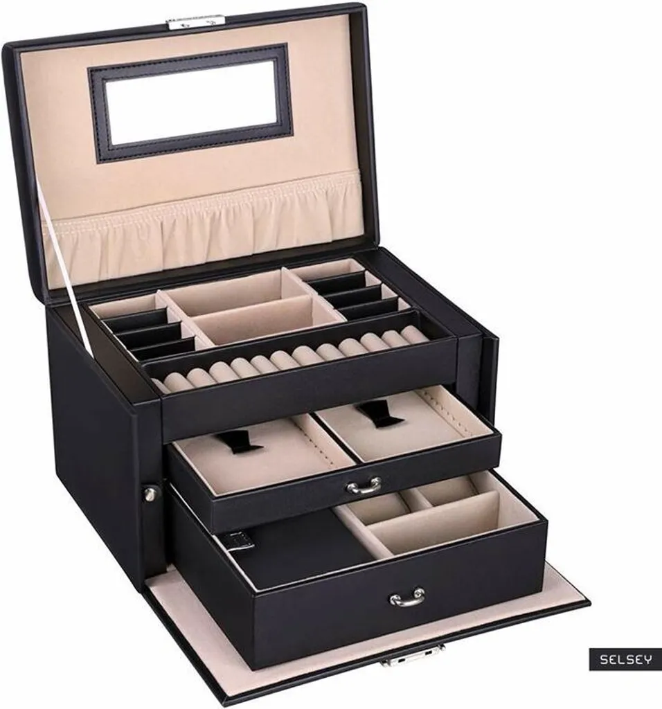 Boîte à bijoux Luna XL en cuir noir avec 20 compartiments de rangement