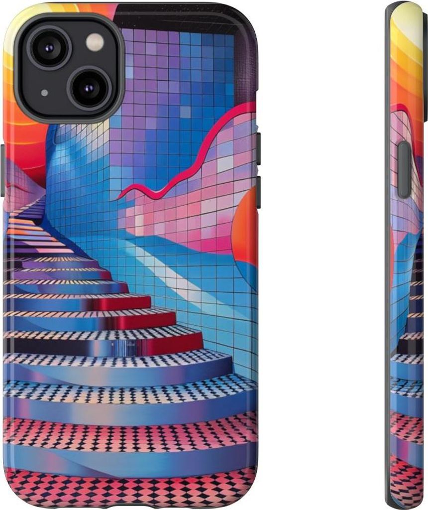 Bunte geometrische Treppe mit Sonnenmotiv – Hülle Kompatibel mit iPhone 14 Plus