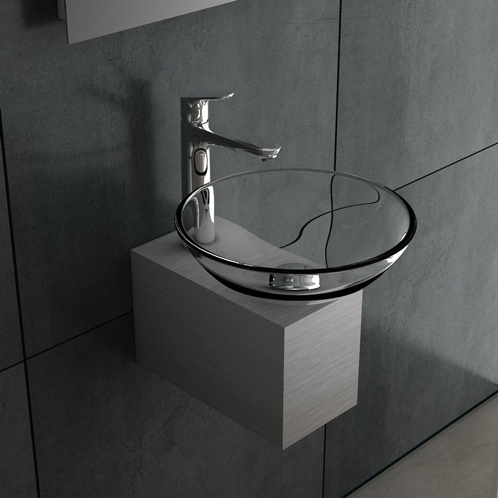 Alpenberger Aufsatzwaschbecken Glas Waschschüssel auf Edelstahlkasten | Mini Waschbecken Rund für Kleine Bäder & Gäste-WC | Waschtisch Klein Wa...