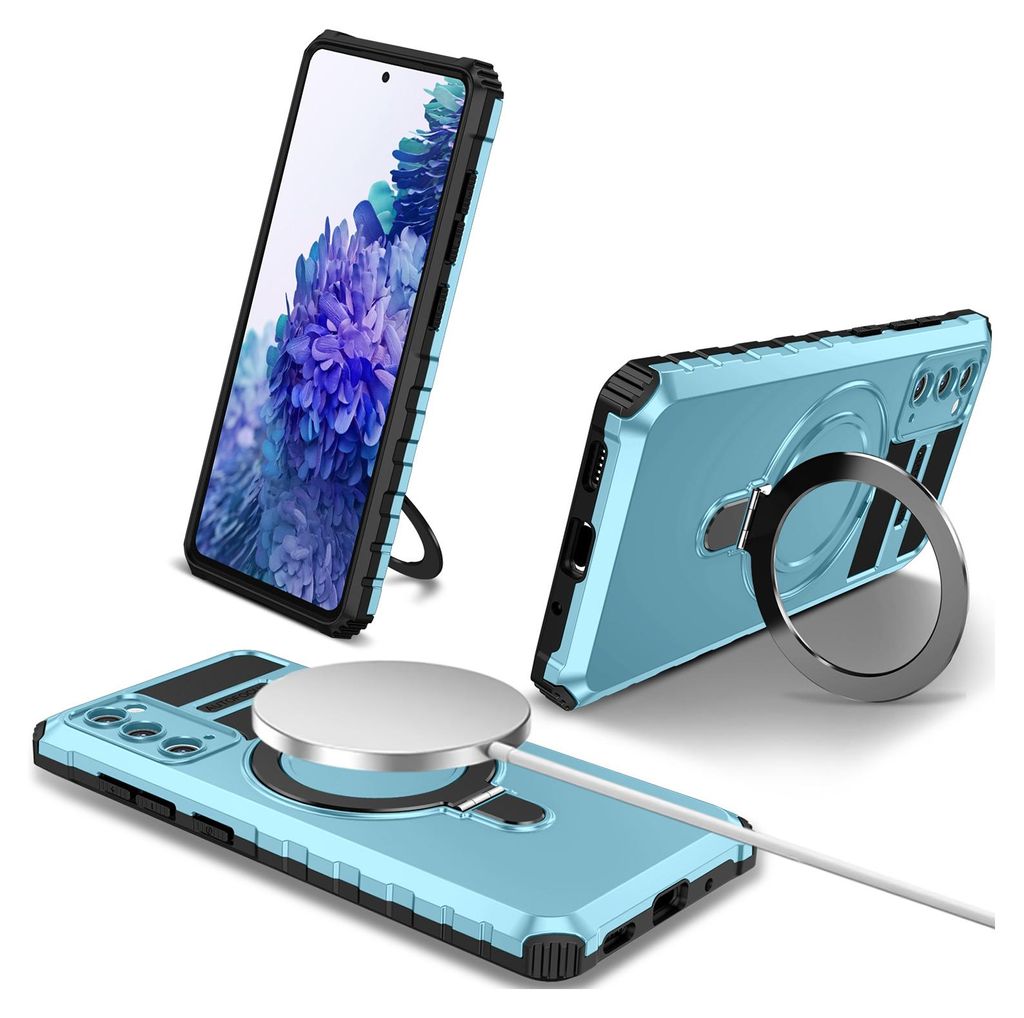 A collage of three images showing a light blue phone case from different angles, including one with a ring stand and another with a magnetic charger.