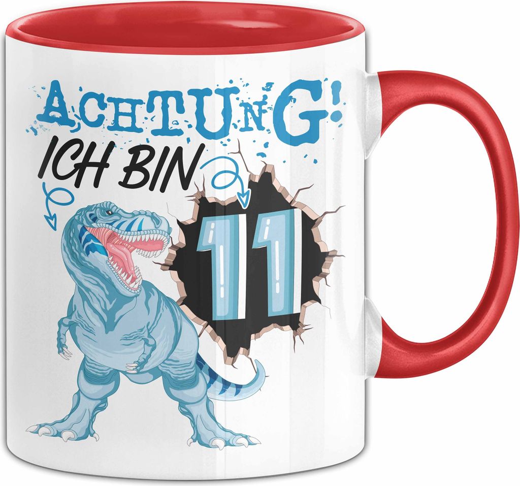 11. Geburtstag Geschenk Tasse Becher Jungs Sohn T-Rex Geburtstagsgeschenk Dinosaurier Achtung Ich bin 11 (Rot)
