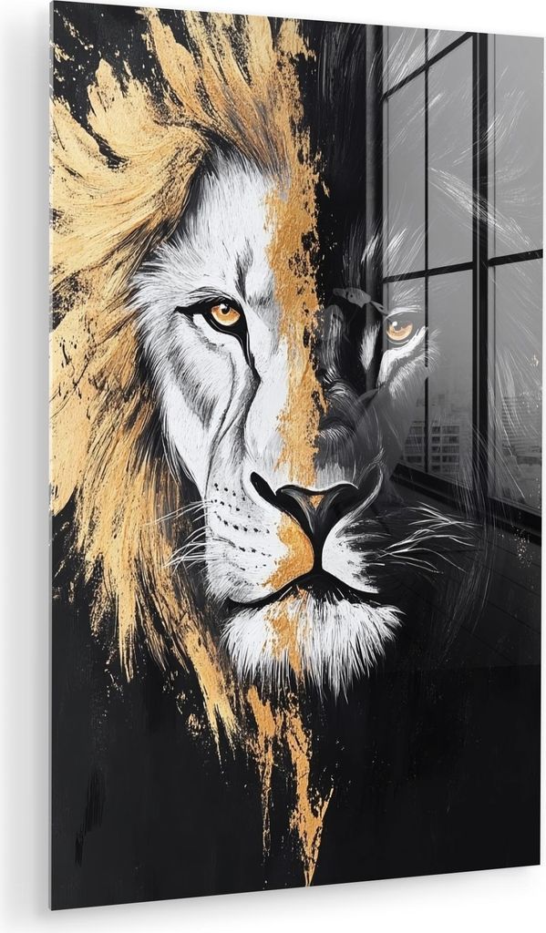 MuchoWow Glasbilder - Bilder auf Wandbild - Foto auf Glas Löwe - Split - Schwarz - Linie 60x90 cm Wanddekoration aus Glas - Acrylglasbild - Acrylb...