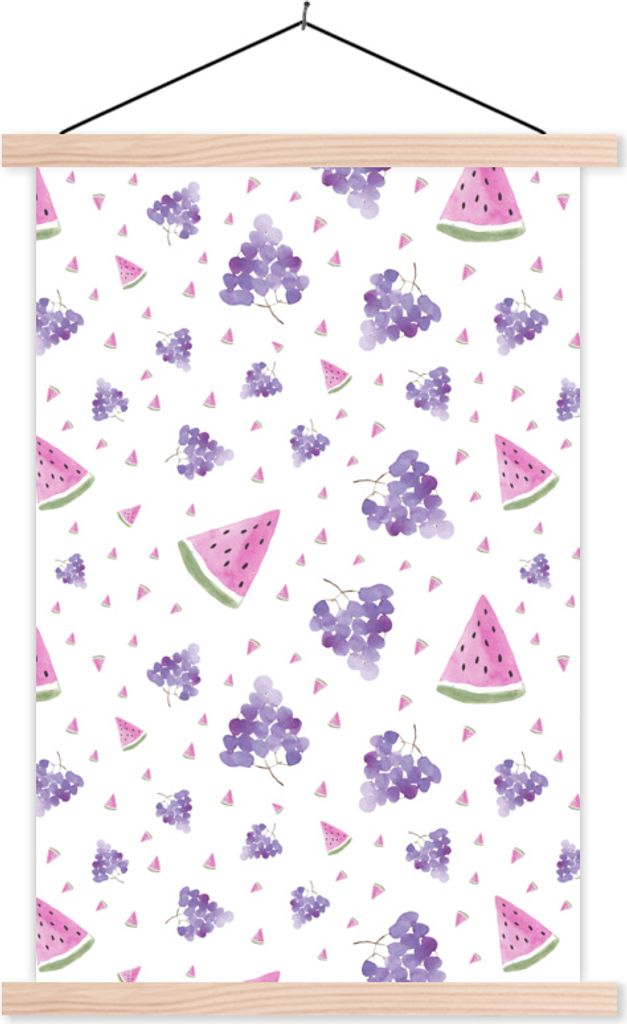 MuchoWow Textilposter Weintrauben - Wassermelone - Pastell - Muster 60x90 cm mit holzfarbenen Rahmen - Textil