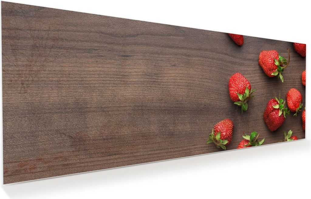 Glasbild Wandbild Erdbeeren auf Holztisch 125x50cm in XXL für Wohnzimmer, Schlafzimmer, Badezimmer, Flur