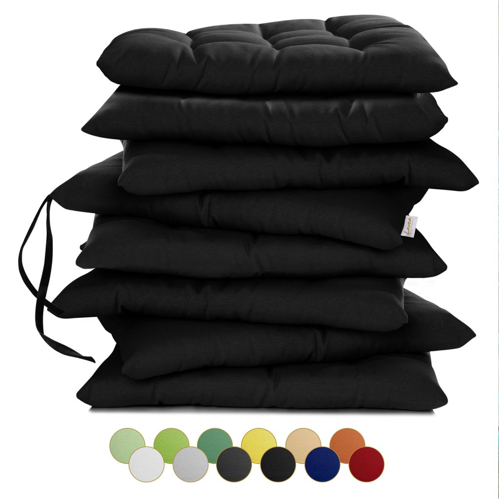 Lavea Sitzkissen 40x40 cm, 8er Set, Schwarz - mit Stoffbändern, Outdoor & Indoor, waschbare Stuhlkissen für Garten, Balkon, Terrasse & Esszimmer