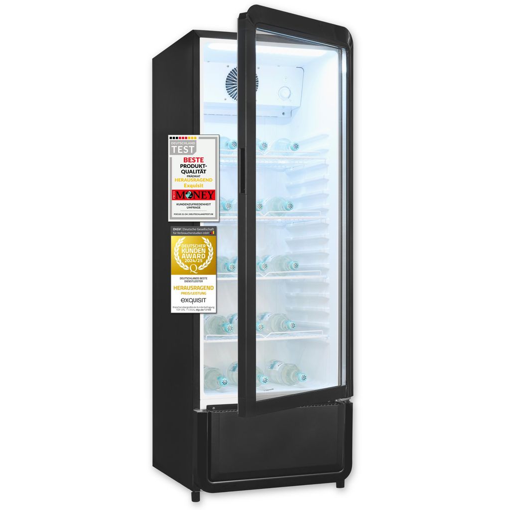 Exquisit Glastürkühlschrank, 240l Getränkekühlschrank mit LED, Umluft, 4 verstellbare Ablagen, CoolPro, GKS5220-GT-431D schwarz
