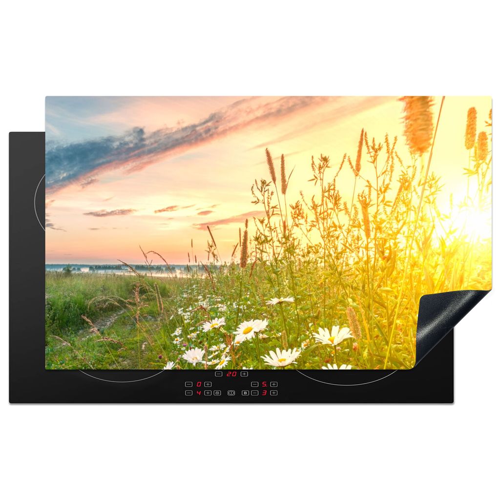 KitchenYeah Herdabdeckplatte Blumen - Gänseblümchen - Natur - Sonne - Horizont , 85x52cm, Küche Deko, Glaskeramikkochfeld Herdabdeckung, Abdec...