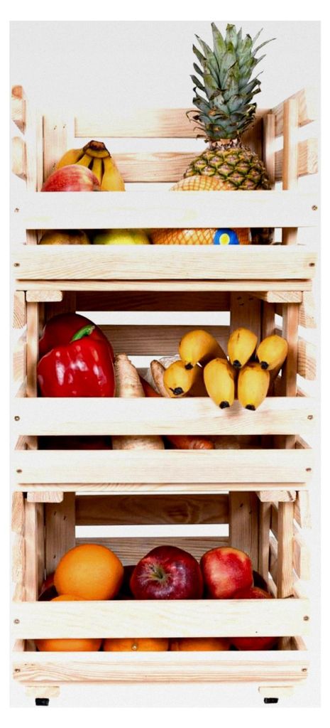 Holzkiste 3 Stück Regal auf Rollen für Obst und Gemüse aus unbehandeltem Kiefernholz
