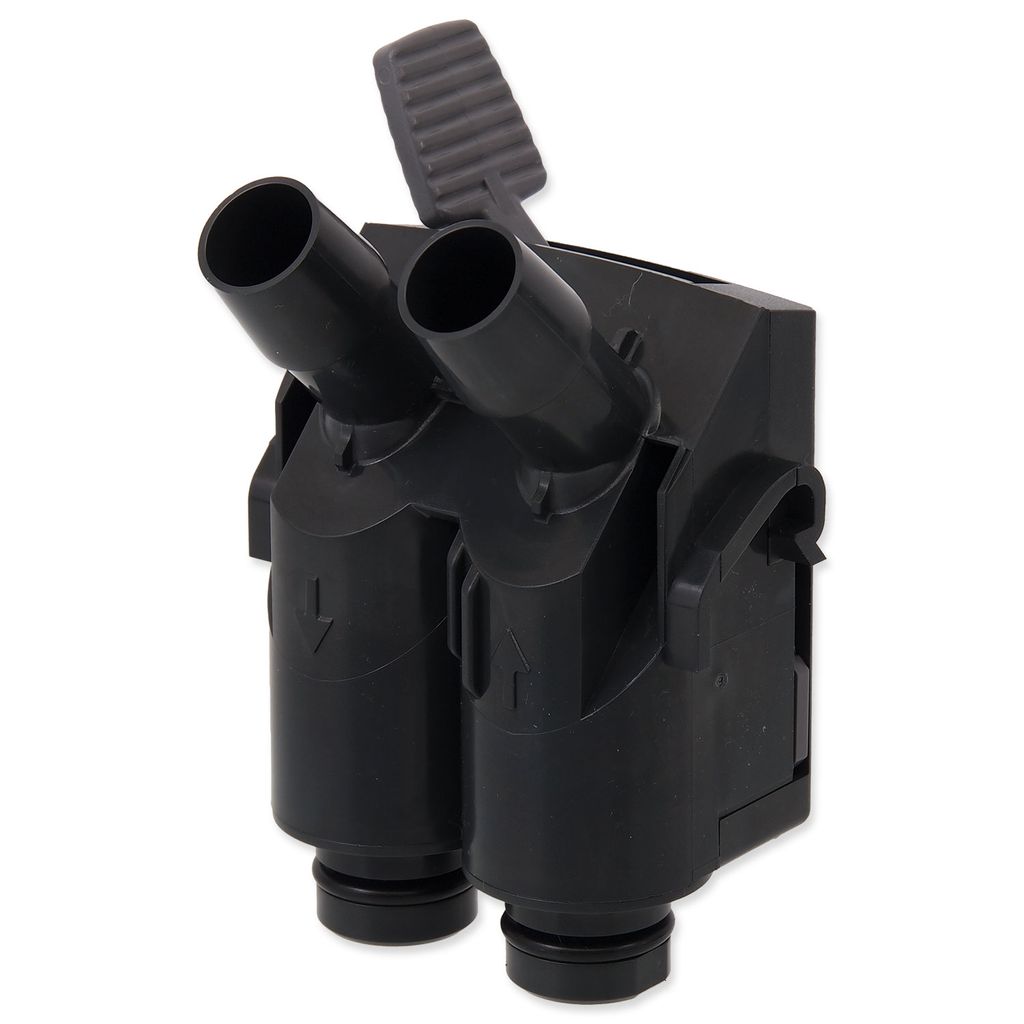 A black plastic adapter with two tubes and a lever, shown against a white background.