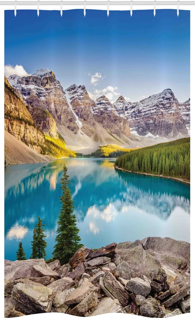 ABAKUHAUS Paesaggio Tenda da doccia stretta, Moraine Lake Sunset, Set decorativo per bagno in tessuto con ganci, 120 x 180 cm, multicolore