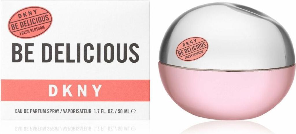 A product shot of DKNY Be Delicious Fresh Blossom Eau de Parfum spray and its packaging.