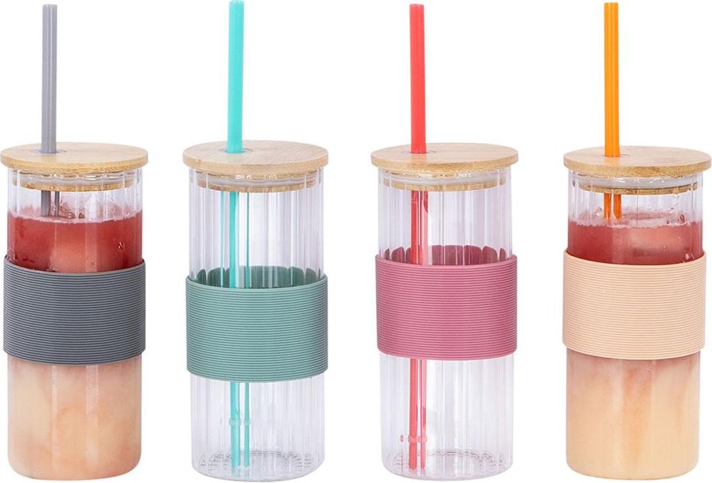 4er Set Glas mit Deckel 400ml Bunt Strohhalm Bambusdeckel Trinkbecher Trinkgläser Eiskaffee Longdrink Smoothie Sommer