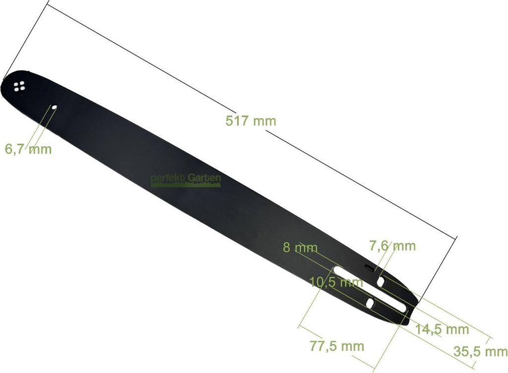 A diagram of a chainsaw bar with dimensions indicated.