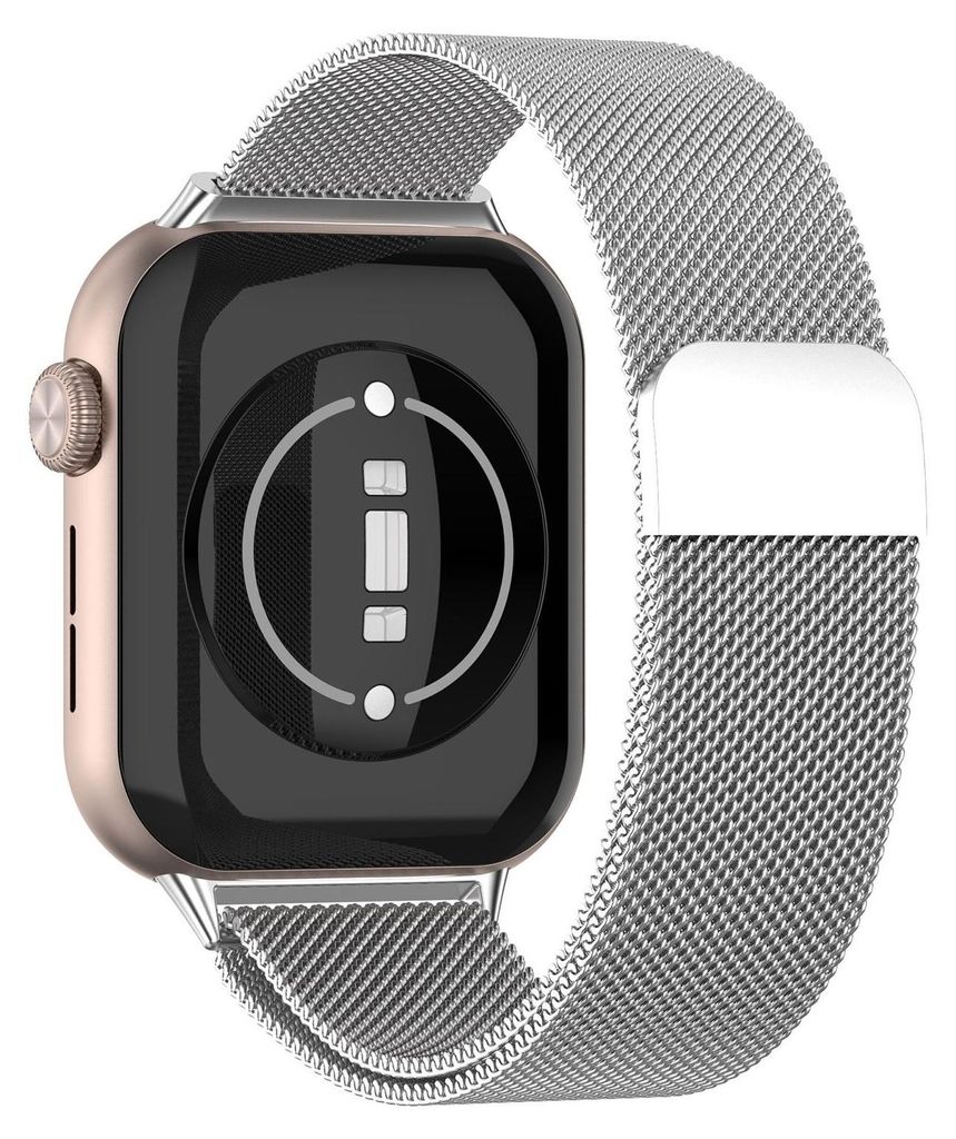The back of a smartwatch with a silver Milanese loop band.