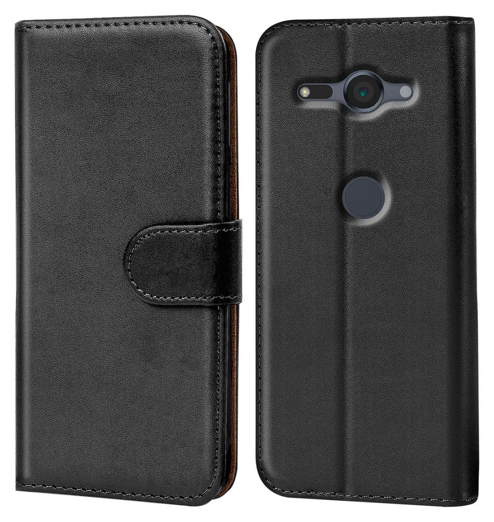 A black book-style case for a smartphone is shown from the front and back.