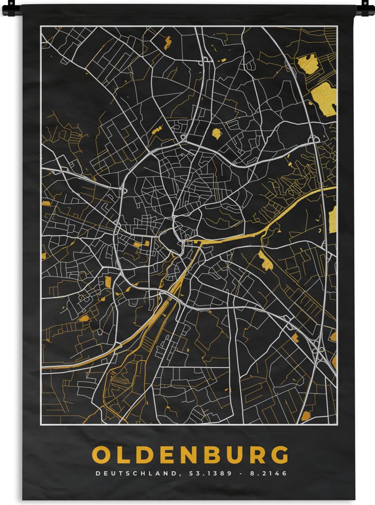 MuchoWow Wandteppich Wandbehang Oldenburg - Deutschland - Gold - Stadtplan - Karte 90x135 cm Tapisserie Dekoration Wandtuch - Baumwolle - Wandsku...
