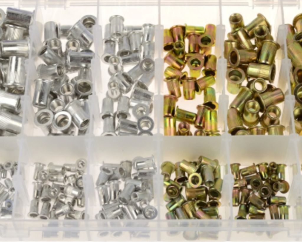 A clear, top-down view of a plastic organizer box filled with various sizes of metal rivets.