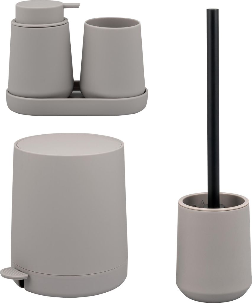 eluno Bad-Set TESERO 5tlg. mit Seifenspender, Becher, Schale, Kosmetikeimer und WC-Garnitur aus Kunststoff in Taupe