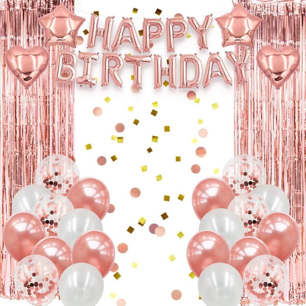 Rosenquarz Happy Birthday Luftballon-Banner mit Stern- und Herzballons, Rosenquarz-Folienvorhängen und einer Mischung aus Rosenquarz, weißen und Konfetti-Luftballons