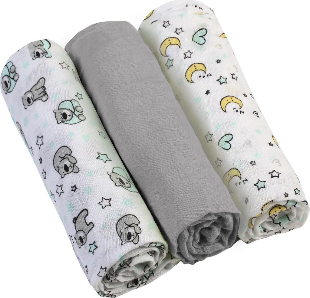 Three rolled-up baby blankets are displayed diagonally against a white background. Two of the blankets have a pattern of koala bears and stars, while the middle blanket is a solid gray.