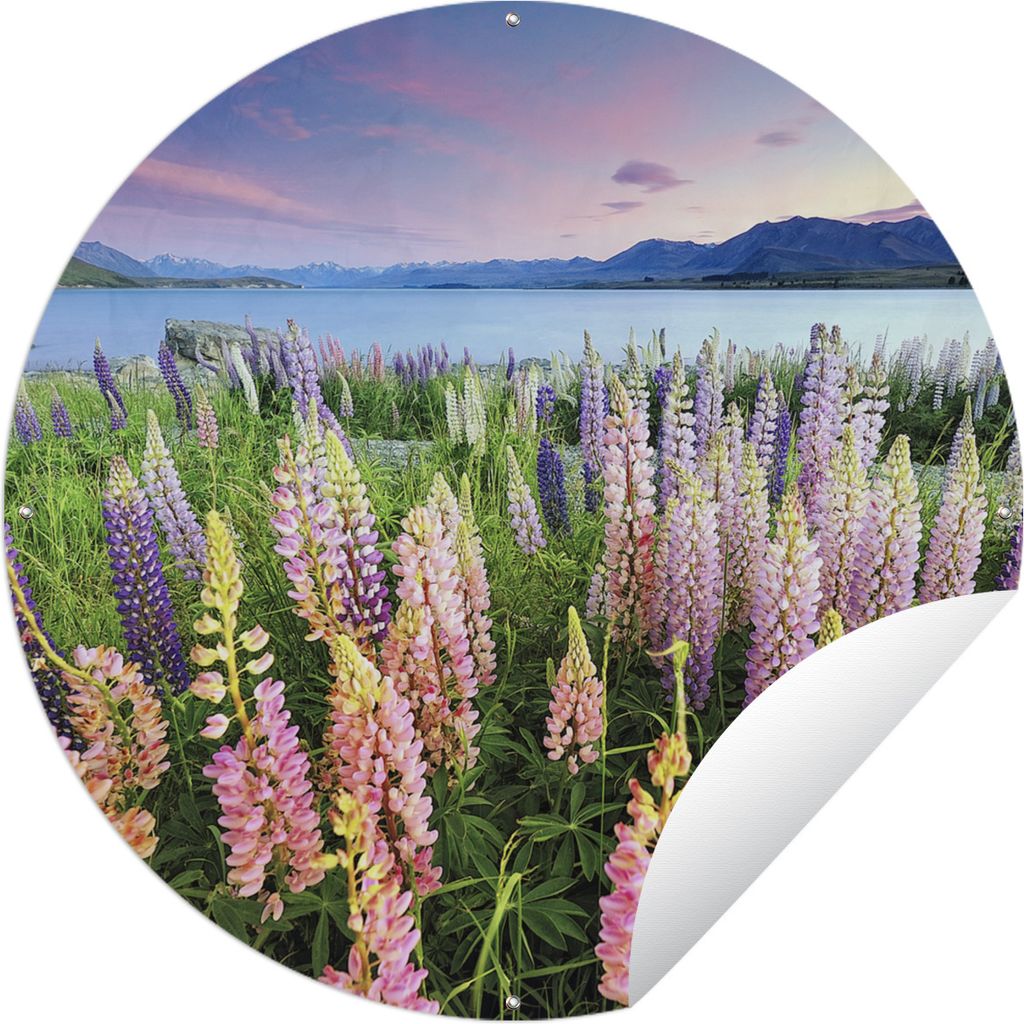 MuchoWow Gartenposter Outdoor-Poster Rund Blumen - Wasser - Neuseeland Ø 150 cm Gartendeko Rundes Poster draußen