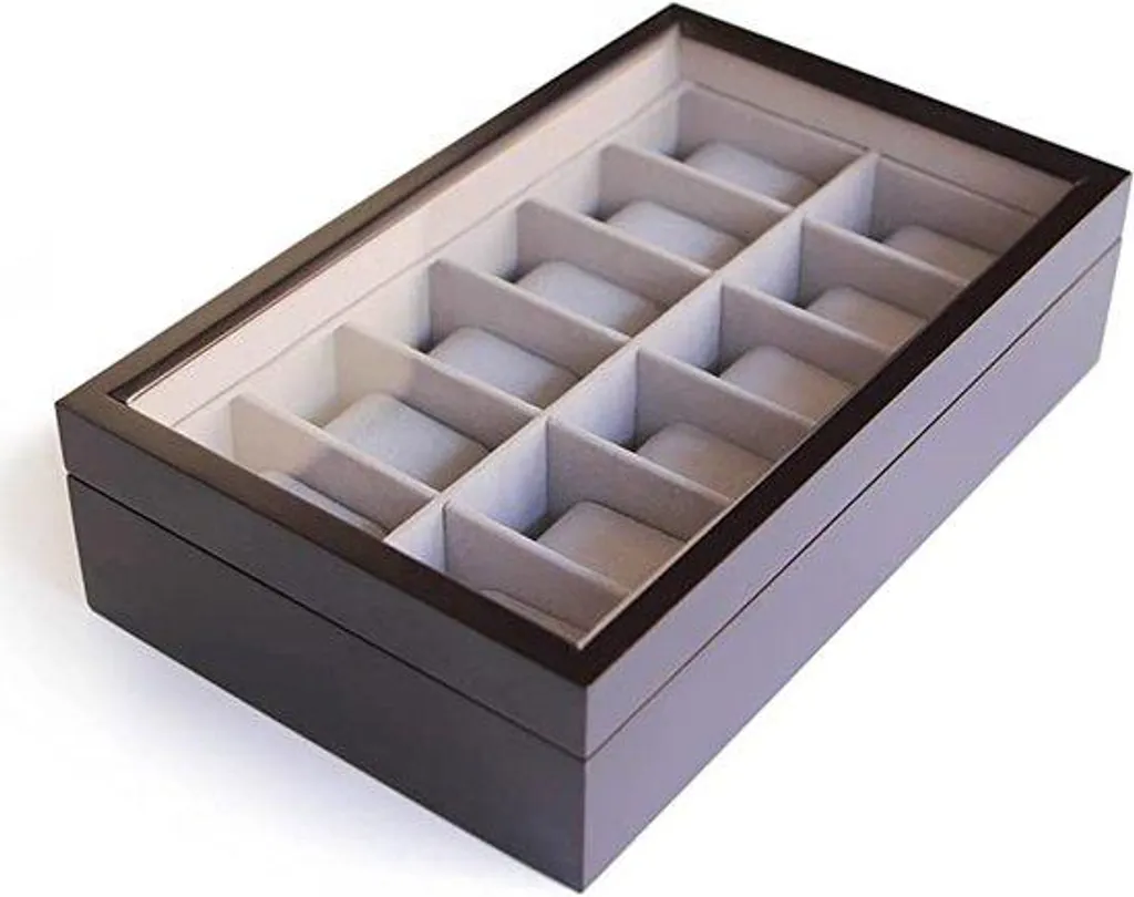 Coffret de rangement montres en bois foncé espresso, vitrine 12 places