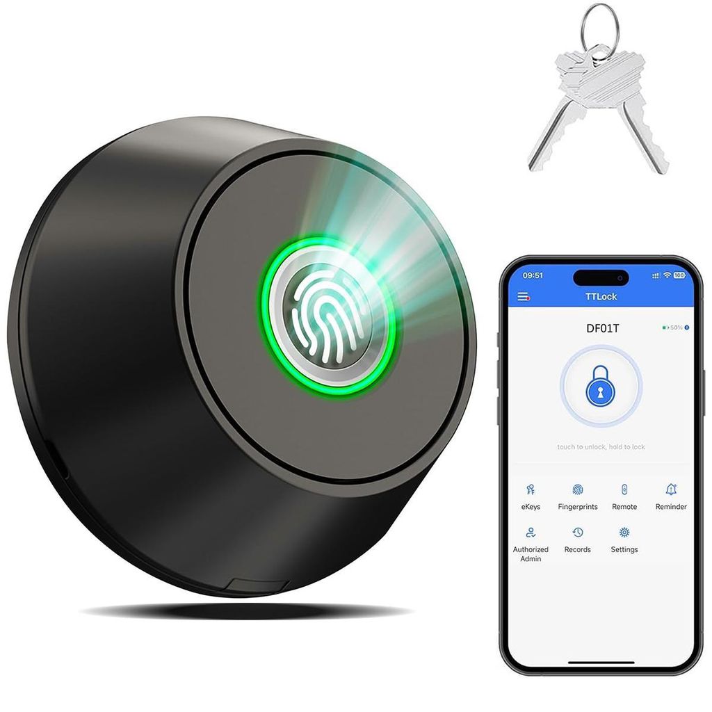 Smart Fingerprint Türschloss, 3 Öffnungsmöglichkeiten Fingerabdruck/Bluetooth/Schlüssel, Aluminium, bis 100 Nutzer, Innen & Außen