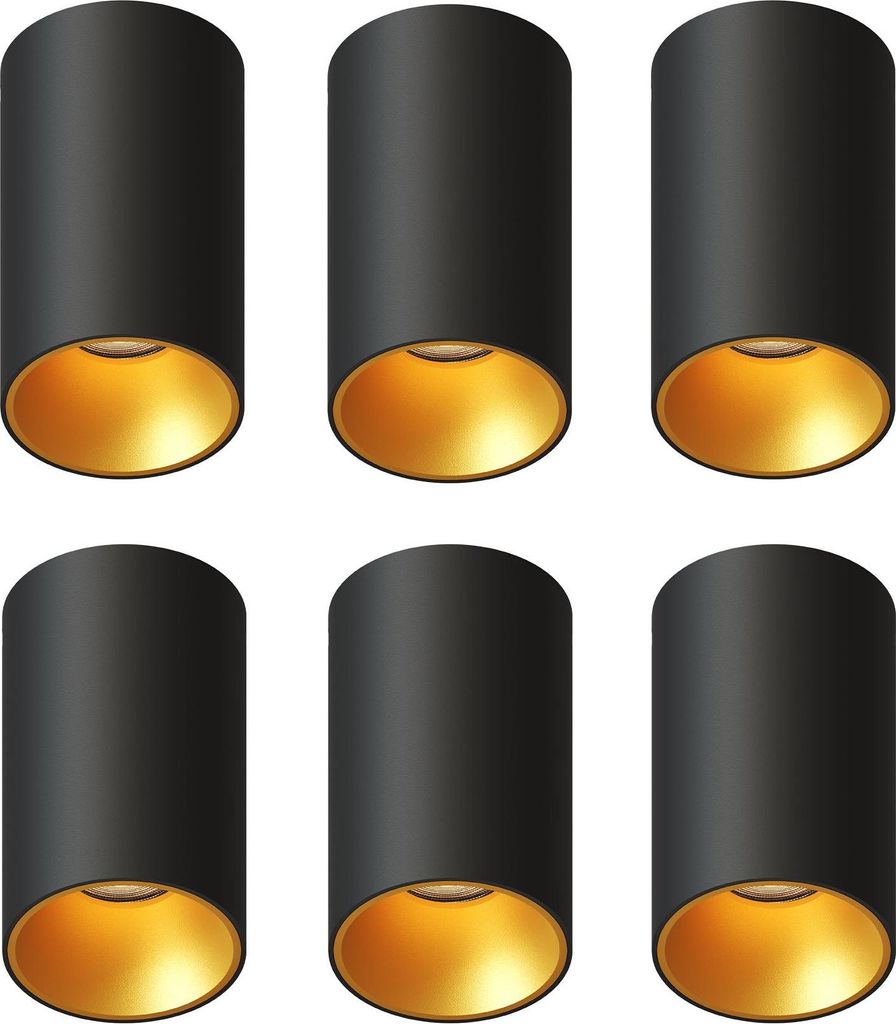 Ledvion - 6x LED -Oberflächenflächen -montiertes Spot schwarz / golden, Ø80mm, 3W, 2700k, 345 Lumen, Dimmbare, Gu10 -Anpassung, Aluminium, IP20