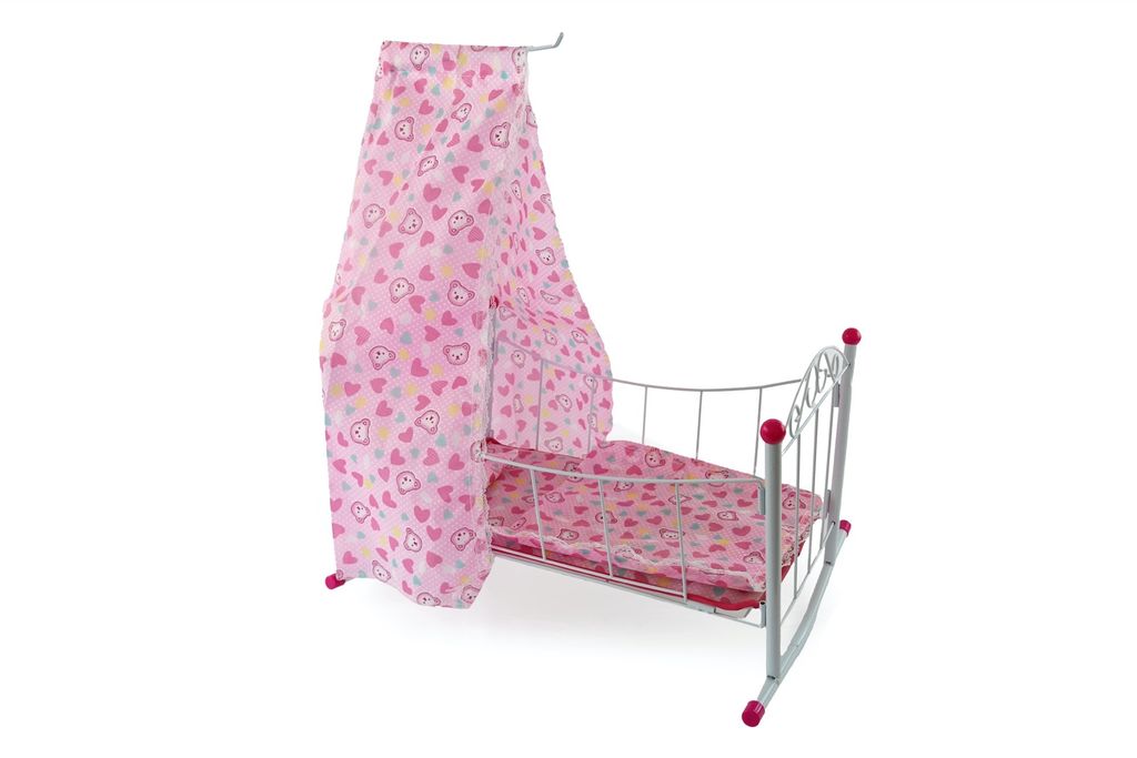 Komplettes Puppenbett aus Metall mit Baldachin, Bettdecke und Kissen, 38 cm