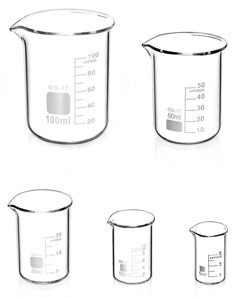 A set of five glass beakers of varying sizes arranged on a white background.