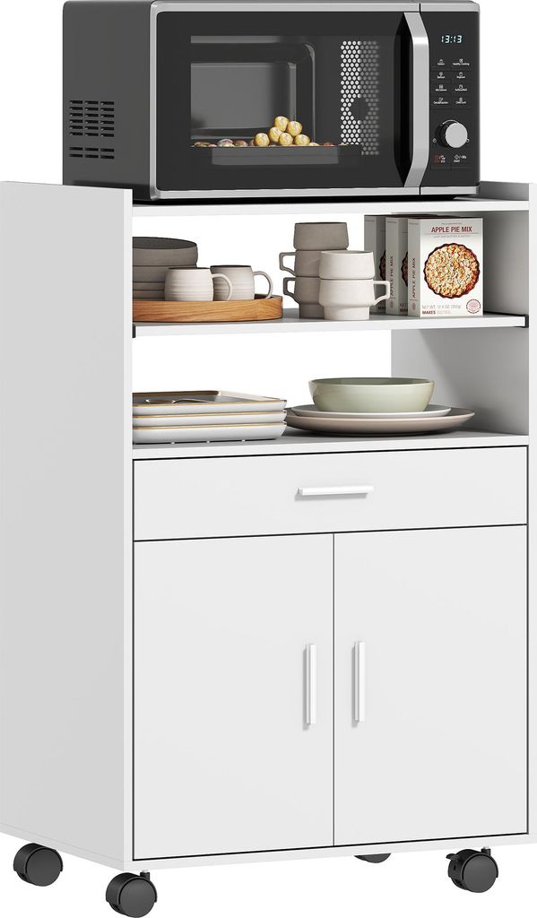 Mikrowellenschrank, Regal, Doppeltürschrank, Schublade, Rollen, Weiß, 59,0x40,0x92,0 cm, leicht zu reinigen