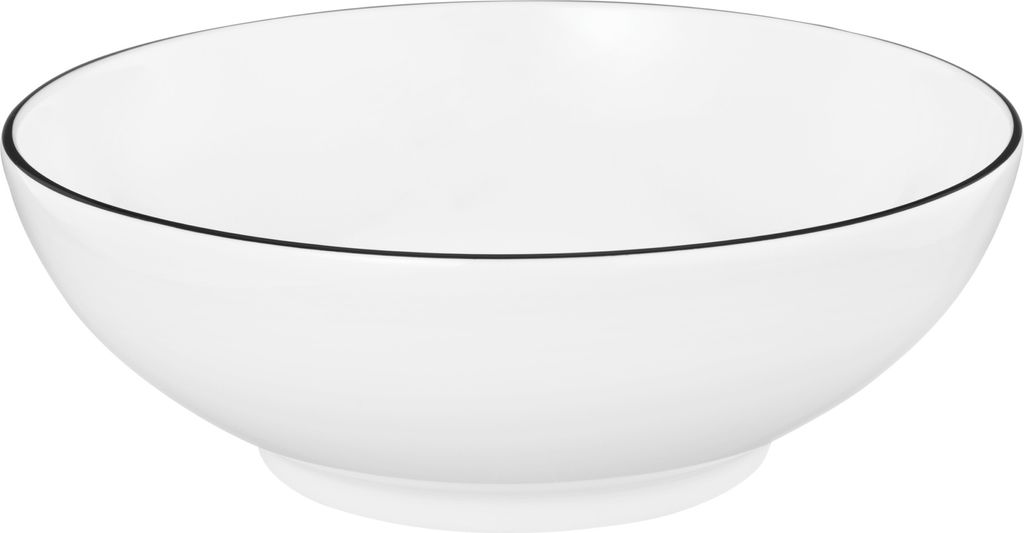 A white dessert bowl with a thin black rim.