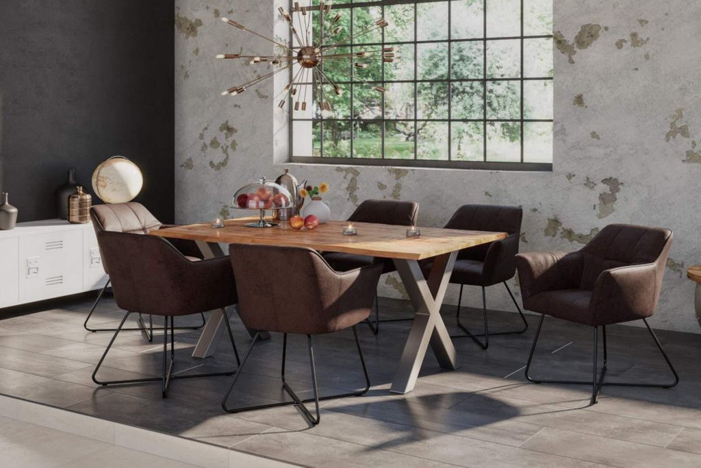 7tlg. Essgruppe Dora 160 x 85 cm, Mangoholz massiv & naturfarben, Baumkantentisch mit X-Metallgestell in Silber + 6X Stuhl Kirin in Wildleder-Optik