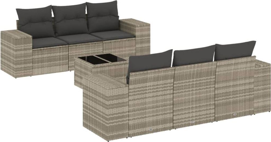 vidaXL 7-tlg. Garten-Sofagarnitur mit Kissen Hellgrau Poly Rattan