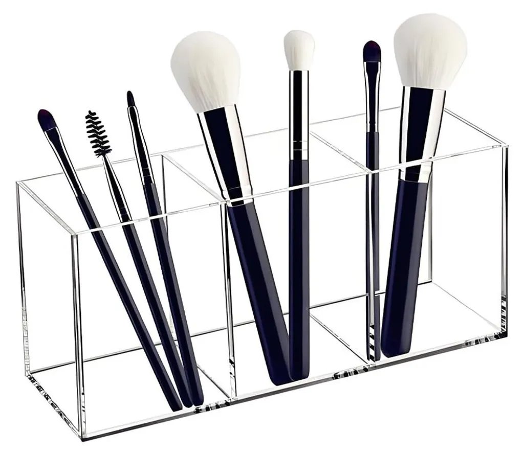 Rangement pinceaux maquillage acrylique transparent à 3 compartiments