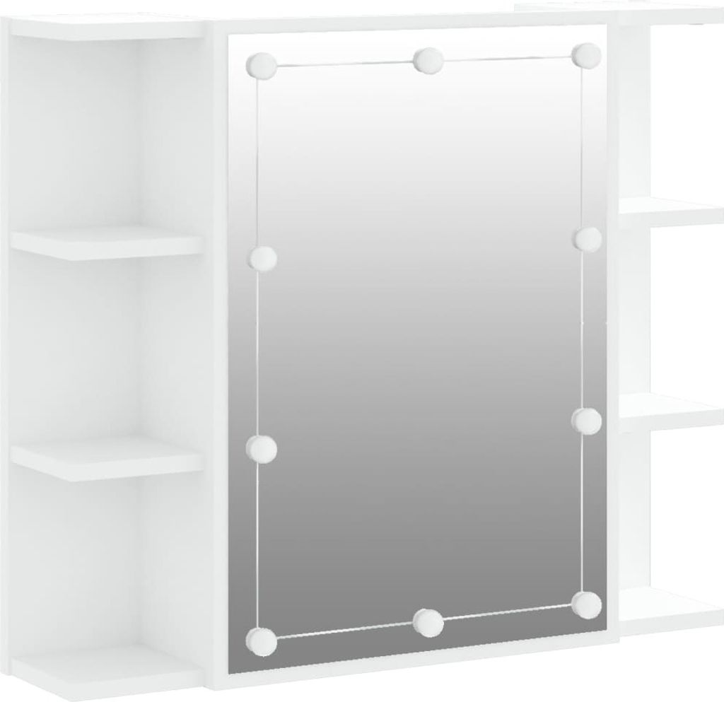 A white mirrored cabinet with LED lights and shelves.