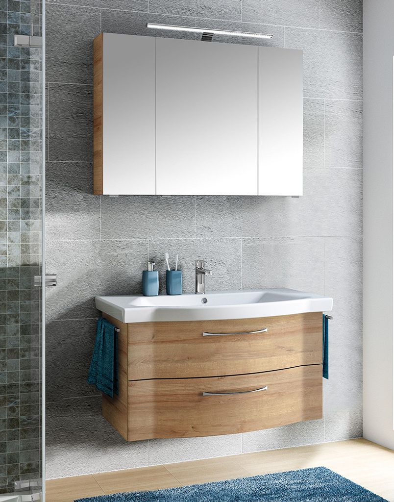 Badmöbel Set, Waschtisch und Spiegelschrank mit Aufsatzleuchte, in Riviera Eiche quer Nb. SOLINGEN-66, B/H/T ca. 98/200/51,5 cm