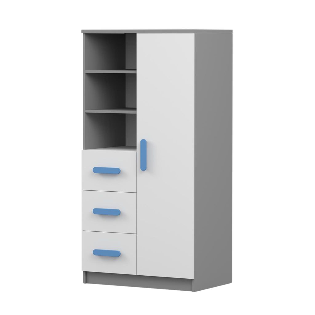 A product shot of a children's bookshelf with drawers and a door.