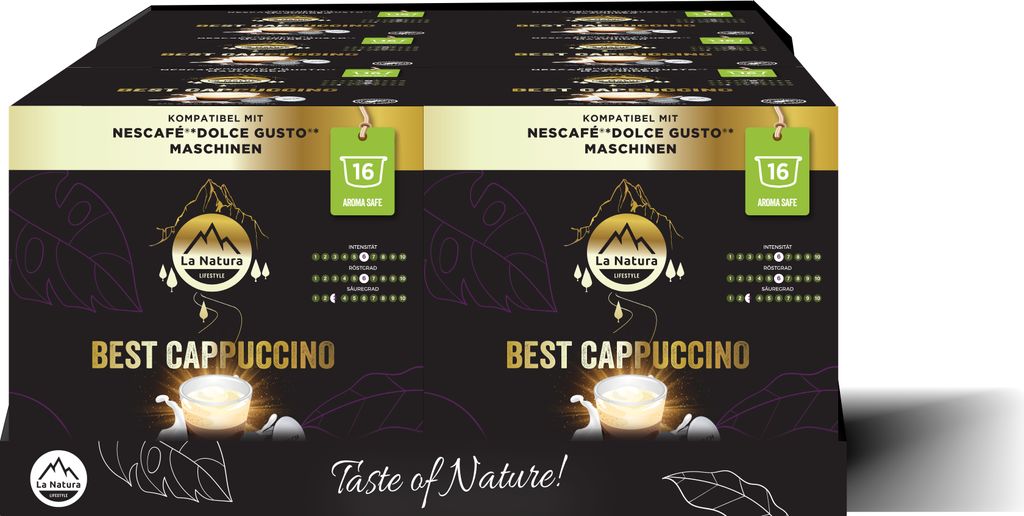 Cappuccino La Natura Lifestyle (6x16 Kaffeekapseln) 96 Kaffeekapseln | La Natura Lifestyle 576g| Dolce Gusto * kompatible Kaffeekapsel | Rainforest