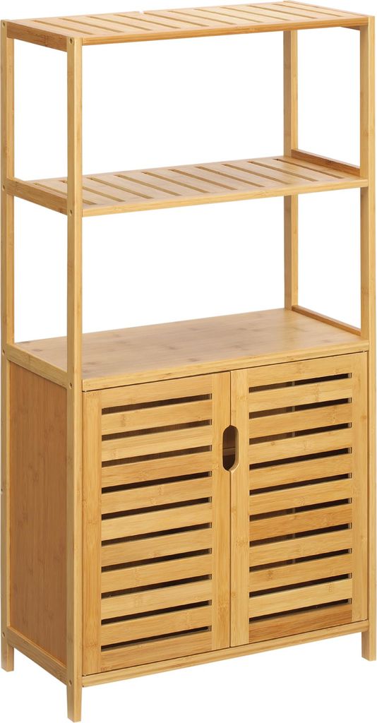 Badezimmerschrank, Badezimmerkommode mit Lamellentüren, Badregal, Bambusholz, Naturholz