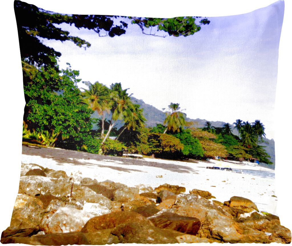 MuchoWow Zierkissen Sofakissen Wohnzimmer Dekokissen 60x60 cm Bäume und Steine am Strand von Mo'orea - Sitzfläche - Foto Polster
