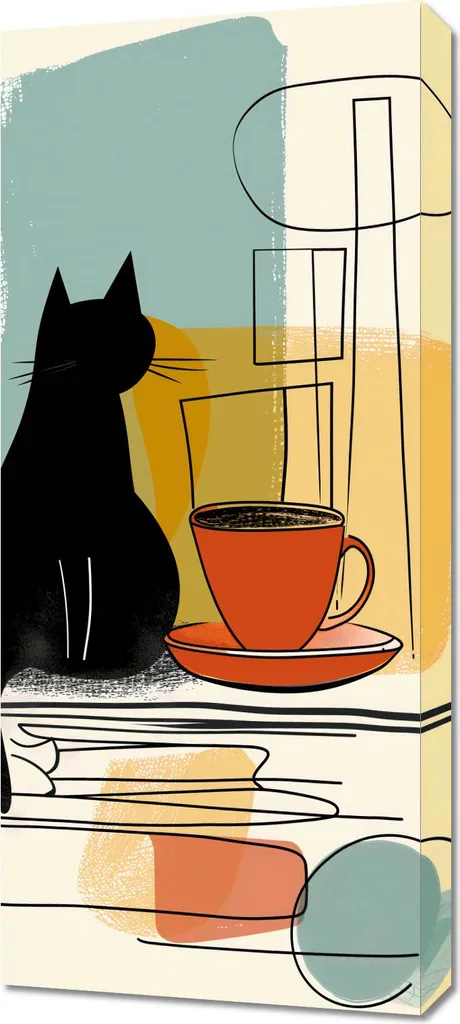 Quadro 40x90 cm Gatto e Caffè | Tela Decorativa Emozioni in Casa