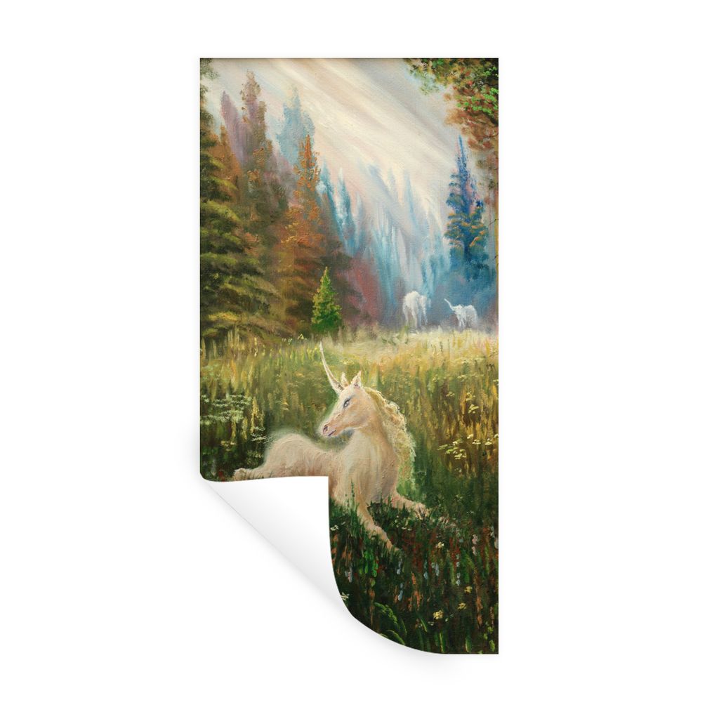 MuchoWow Wandtattoo Wandsticker Wandaufkleber Eine Illustration eines Einhorns in einem Wald - Mädchen - Kinder - Kinder 40x80 cm Selbstklebend ...