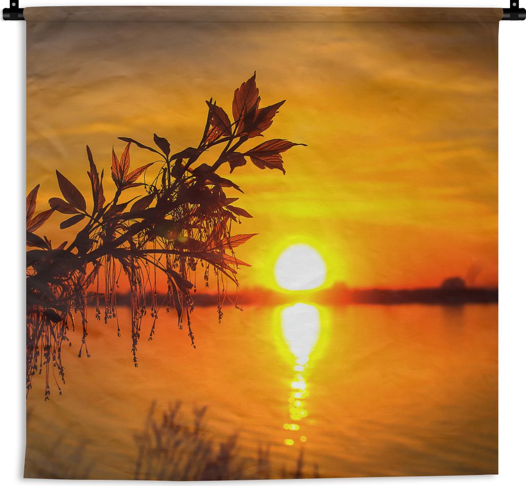 MuchoWow Wandteppich Wandbehang Sonnenuntergang - Wasser - Pflanzen - Orange 150x150 cm Tapisserie Dekoration Wandtuch - Wohnaccessoires - Modernes