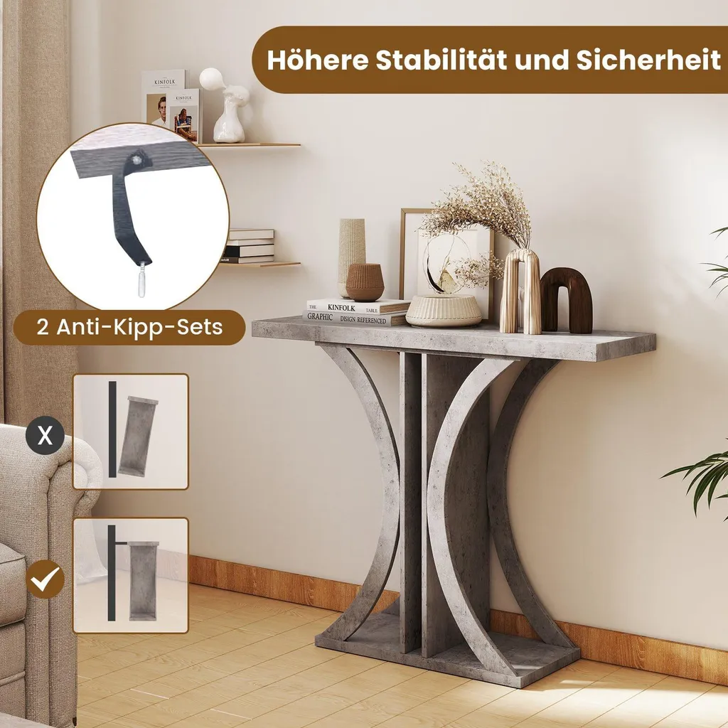 Table console étroite grise avec structure géométrique en métal gris