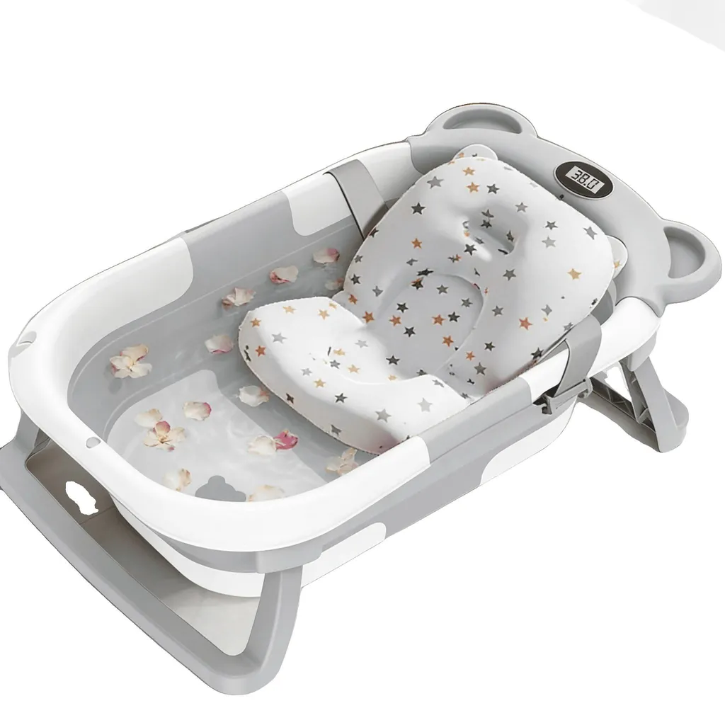 Baignoire bébé anti-glisse pliable grise et thermomètre de bain