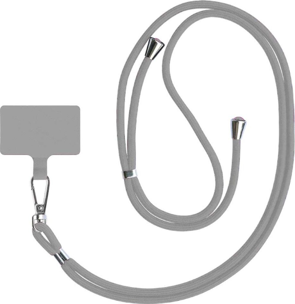 A gray universal phone lanyard with a small rectangular attachment and a metal clasp.